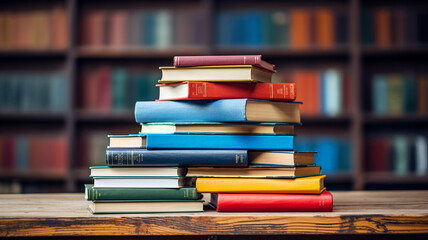 stack of books on wooden table against blurred background