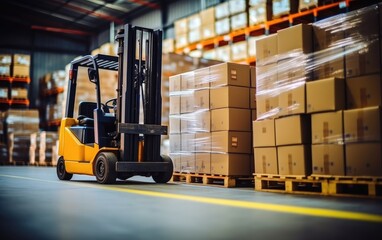 A forklift loads pallets and boxes in a warehouse