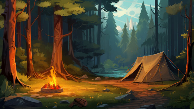 camping tent in forest with bonfire