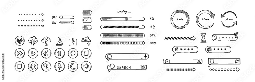 Poster doodle interface design elements. click icons collection. sketch loading bars, search boxes, on off 