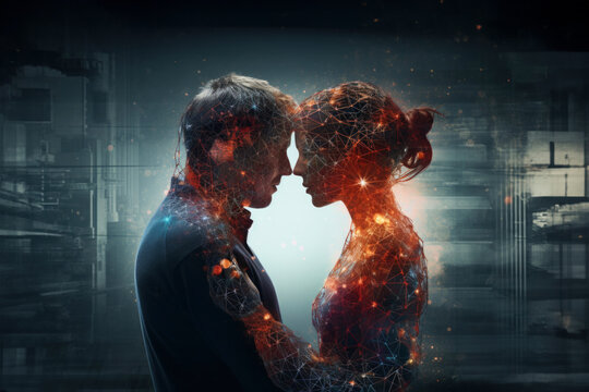 Image of a romantic couple in love in colorful lights, the concept of romanticism and falling in love
