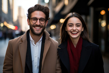 Pretty smiling couple of man and woman on a city street