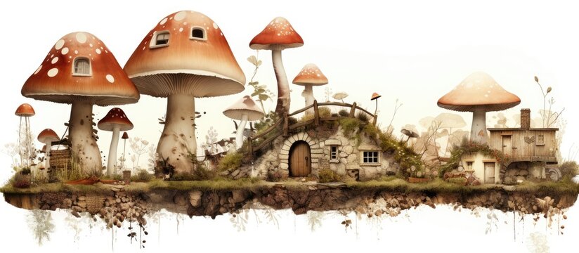 A collage of photos creates a fictional series of illustrations depicting a mushroom fairy house and its surroundings