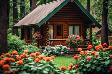 Fototapeta na wymiar A quaint wooden house in a verdant woodland, enveloped by colorful blossoms