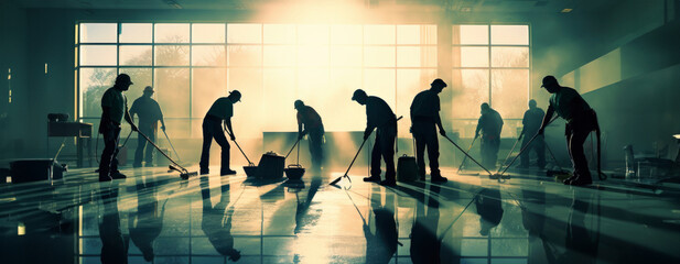 Cleanliness Concept: People cleaning a large room, symbolizing cleanliness, hygiene, and the importance of maintaining a sanitized environment - obrazy, fototapety, plakaty