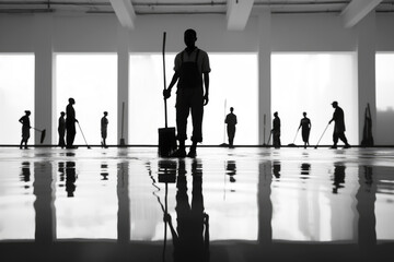 Cleaning Crew in Action: Silhouettes of several people cleaning a spacious area, illustrating the concept of thorough cleaning