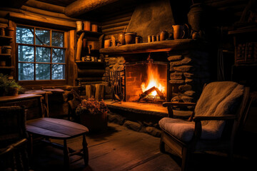 A cozy home ambiance with a roaring fireplace, creating a warm and inviting atmosphere - obrazy, fototapety, plakaty