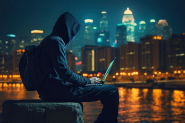 Mysterious hacker working on a laptop against the backdrop of a city at night, cybersecurity concept, digital security, anonymous user, online privacy, dark web, internet crime, - obrazy, fototapety, plakaty