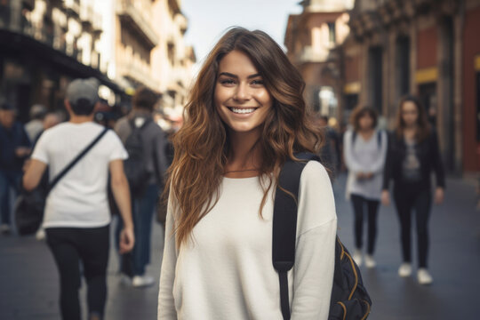 Young attractive woman smiling and looking at the camera on a busy City street