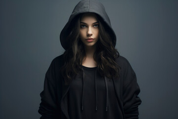 Young woman in a jacket with a hood on her head on a dark background