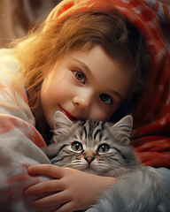 A cute little girl hugging her pet on a cosy bed