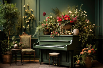Fototapeta na wymiar Interior with dark green grand piano in a old fashioned room with lots of flowers
