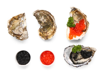 Tasty oysters with black and red caviar on white background