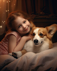 A cute little girl hugging her pet on a cosy bed