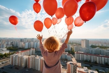 A blond child let go of a bunch of red balloons above the city