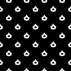 Seamless surface pattern design with crowns ornament. White figures on black background. Image with floral shapes. Ethnic mosaic tiles motif. Antique wallpaper. Vector art. Simple signs illustration.