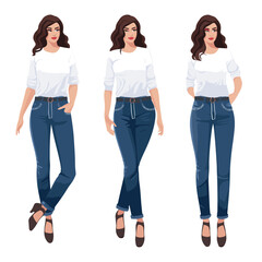 Fototapeta premium Woman in jeans standing in different poses illustration