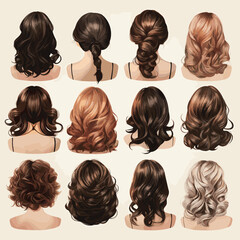 Women wigs hairstyle back icons set - obrazy, fototapety, plakaty