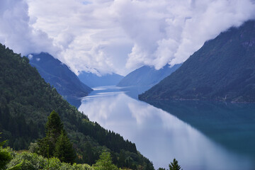 Landscape picture of the large and beautiful fjord between high mountains in the south west part of...