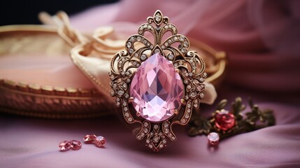 A close-up of a beautiful antique brooch next to a vintage perfume bottle on a pink background.