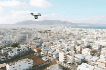 Fototapeta na wymiar Drone Flying over the city. Neural network AI generated art