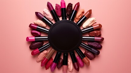 A flat lay of an assortment of high-end lipsticks arranged in a circle on a vibrant pink background.