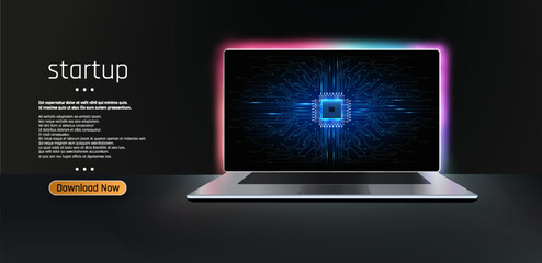 This vector illustration features a modern laptop with a futuristic circuit board design on the screen, set against a neon blue and black background. The word “startup” is prominently displayed