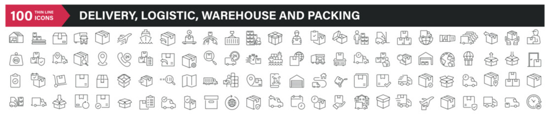 Delivery, logistic, warehouse and packing thin line icons. Editable stroke. For website marketing design, logo, app, template, ui, etc. Vector illustration. - obrazy, fototapety, plakaty