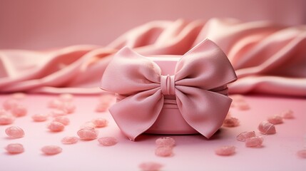 A makeup setting powder puff with a delicate bow, lying on a rosy pink surface.