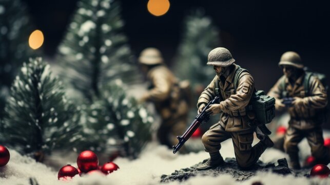 An anti-war theme, toy soldiers are standing in front of christmas decorations, AI