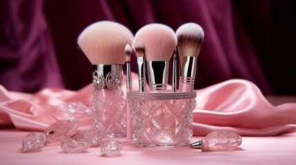 A set of crystal-handled makeup brushes lying on a pink satin cloth.