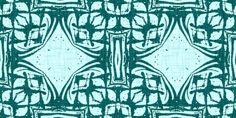 Teal green white vibrant watercolor batik azulejos tile border banner background. Seamless aqua coastal blur linen effect geometric mosaic effect.Boho Patchwork nautical masculine summer ribbon trim. 