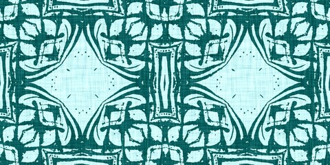 Naklejka premium Teal green white vibrant watercolor batik azulejos tile border banner background. Seamless aqua coastal blur linen effect geometric mosaic effect.Boho Patchwork nautical masculine summer ribbon trim. 