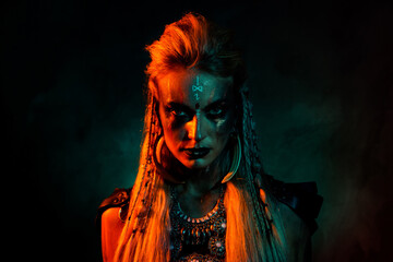 Photo of cool scary mystic woman wear gothic valkyrie costume suspicious looking you isolated...