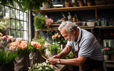 Photo of a nice old florist man while working in flower shop