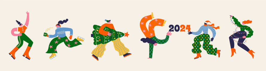 Fun Merry Christmas and Happy New Year collection of groovy, hippie bizarre disproportionate characters, wearing Santa hat and Xmas costumes, dancing, jumping and drinking champagne 