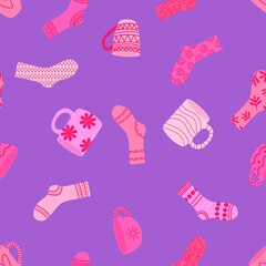 Winter warm socks and cup of tea seamless Christmas pattern for wrapping paper and fabrics and linens