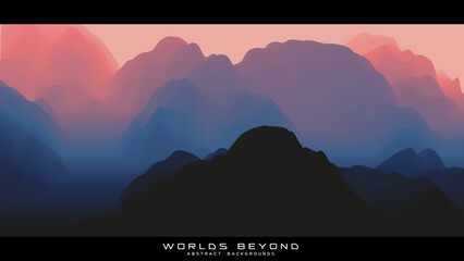 Fog over mountains. Vector landscape panorama. Abstract violet gradient eroded terrain. Worlds beyond.