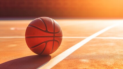 A detailed image of a basketball on a court under the afternoon sun, illustrating the excitement and competition of the game. Rendered in warm, natural tones with a high angle shot