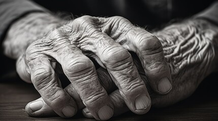 An elderly man's hands on a wooden table, AI - obrazy, fototapety, plakaty