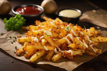 Delicious golden hash brown fries on rustic kitchen table - obrazy, fototapety, plakaty