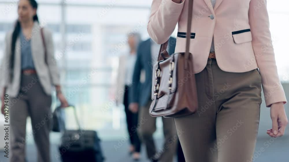 Poster Office, travel and business woman with bag walking for morning commute, arrival and journey in workplace. Corporate, professional and closeup of female person for conference, meeting and tradeshow