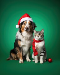 Christmas-themed portrait of a dog in a Santa hat and a cat in a red scarf. - 671279476