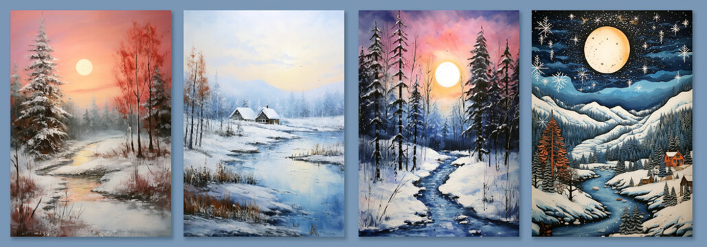 Painted winter scene Christms card set