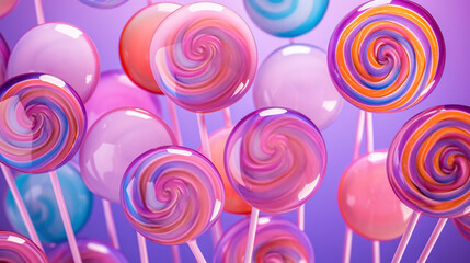Fototapeta na wymiar A mesmerizing arrangement of vibrant, glossy swirl lollipops against a whimsical pastel gradient backdrop.