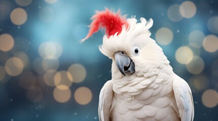 A festive cockatoo wearing a red Santa hat, capturing the spirit of Christmas against a dreamy bokeh background.