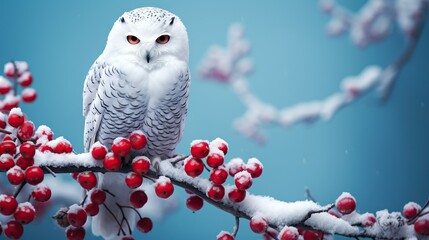 Winter wonderland: A watchful snowy owl rests on a branch adorned with snow-covered berries. - 671279634