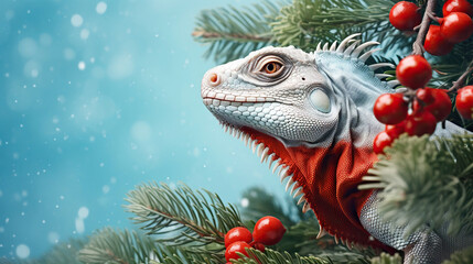 Enchanted iguana basks amidst snowflakes, framed by festive red berries and winter greens.