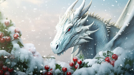 Winter's majestic guardian: an icy blue dragon amidst a snowy landscape with shimmering berries.
