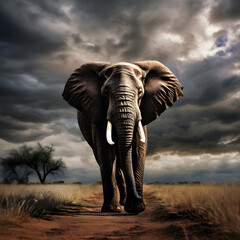 A majestic African elephant crossing a dirt road in stormy weather